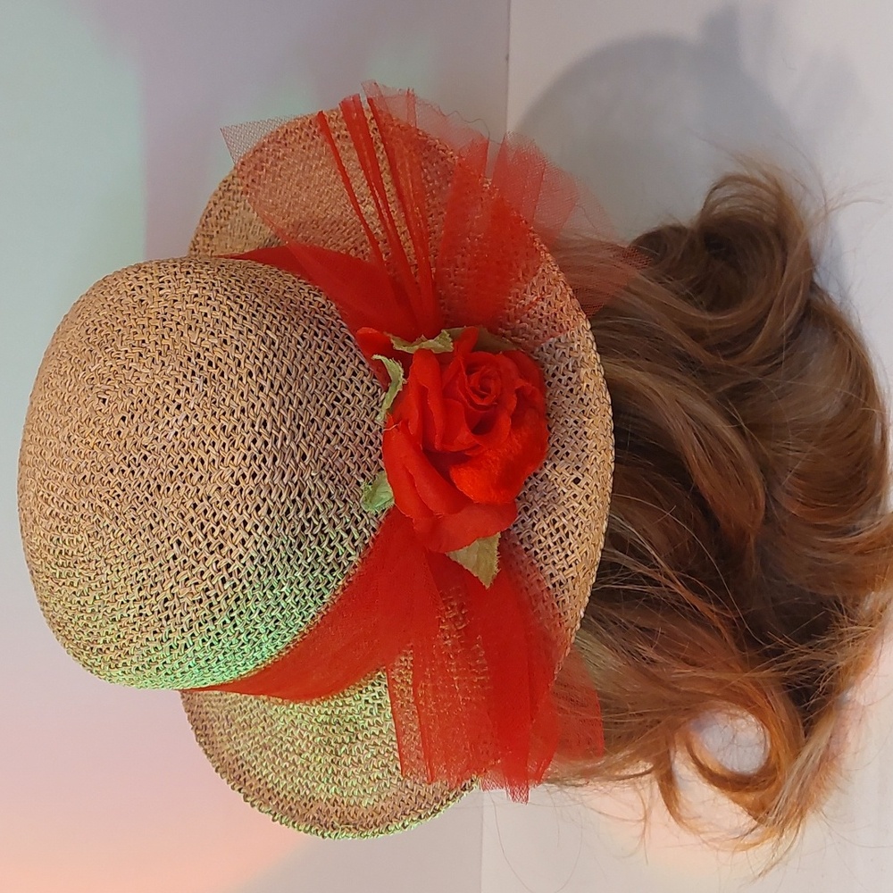 Straw Woven Hat with Red Scarf Band - Picture 3 of 5
